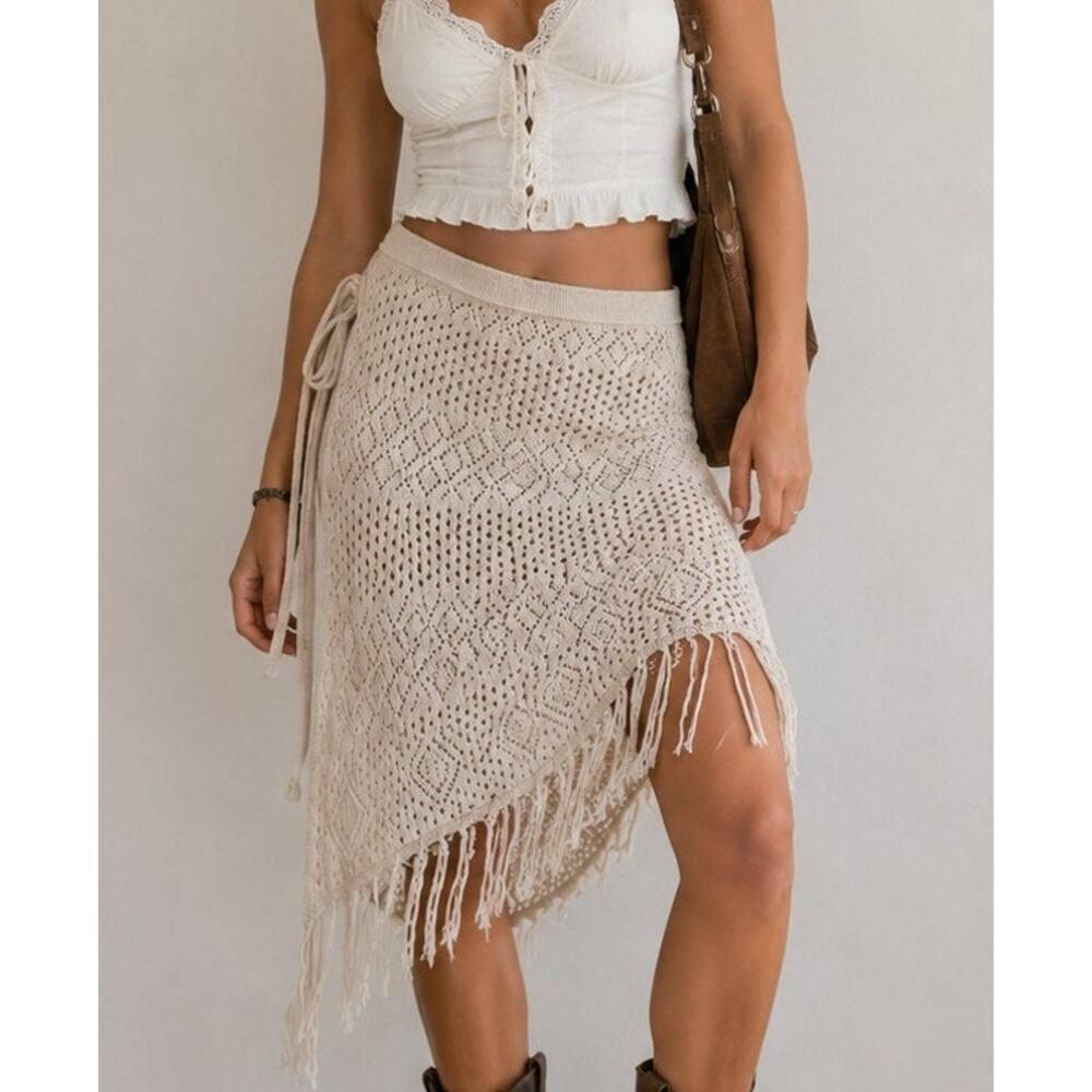 The Open Product Wool Crochet Wrap Skirt One Size Tan Boho Beach Indie Coastal